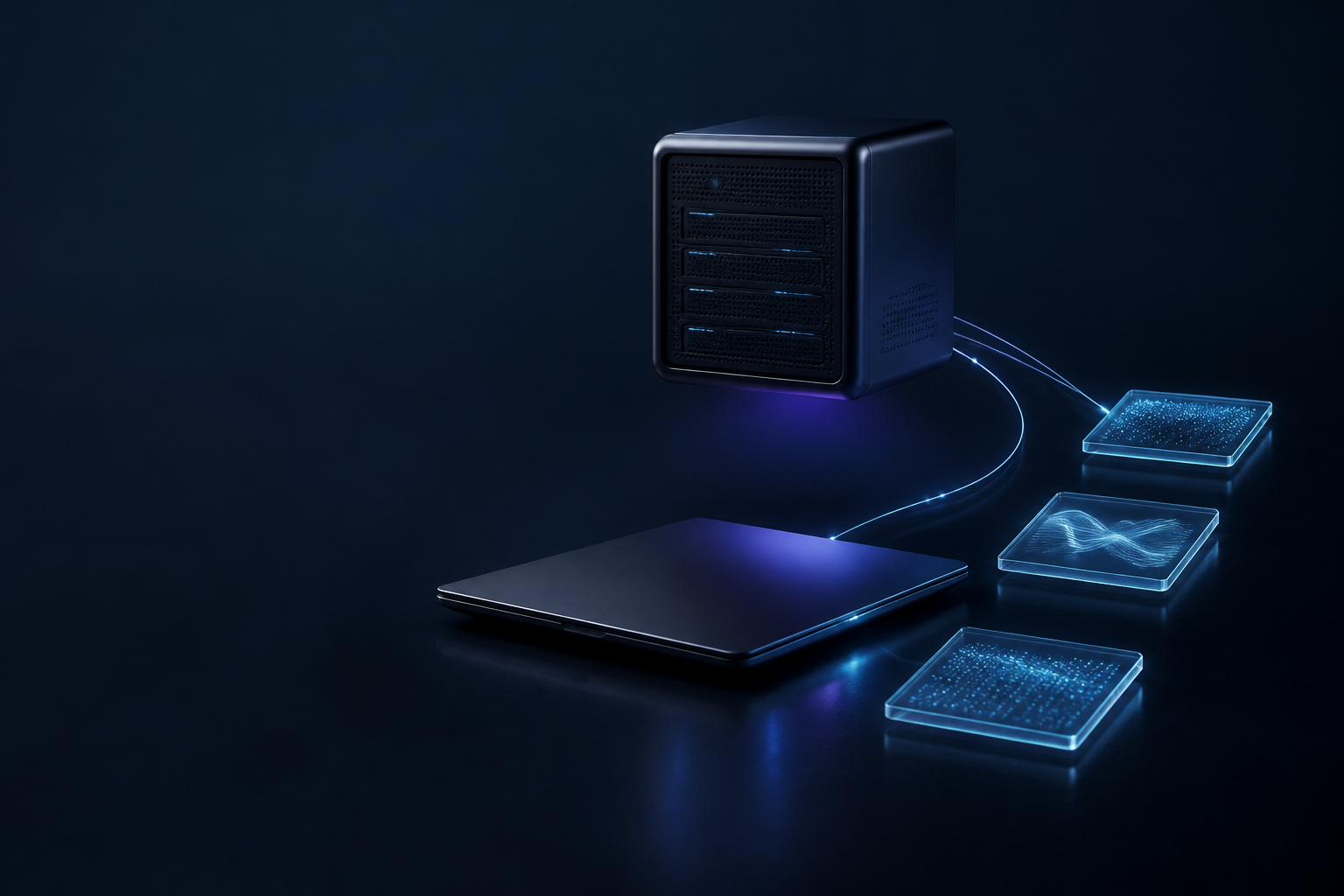 Abstrakte 3D-Darstellung aus Server, Laptop und verbundenen Datenmodulen