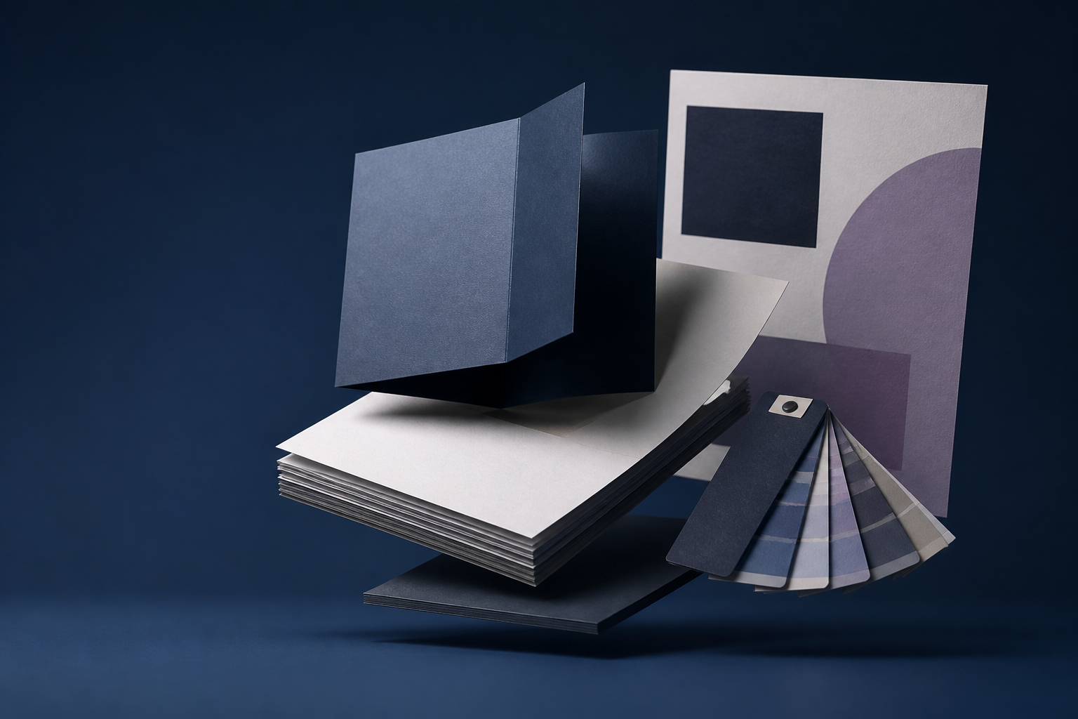 Abstrakte 3D-Darstellung aus Papier, Broschüre und Farbmustern