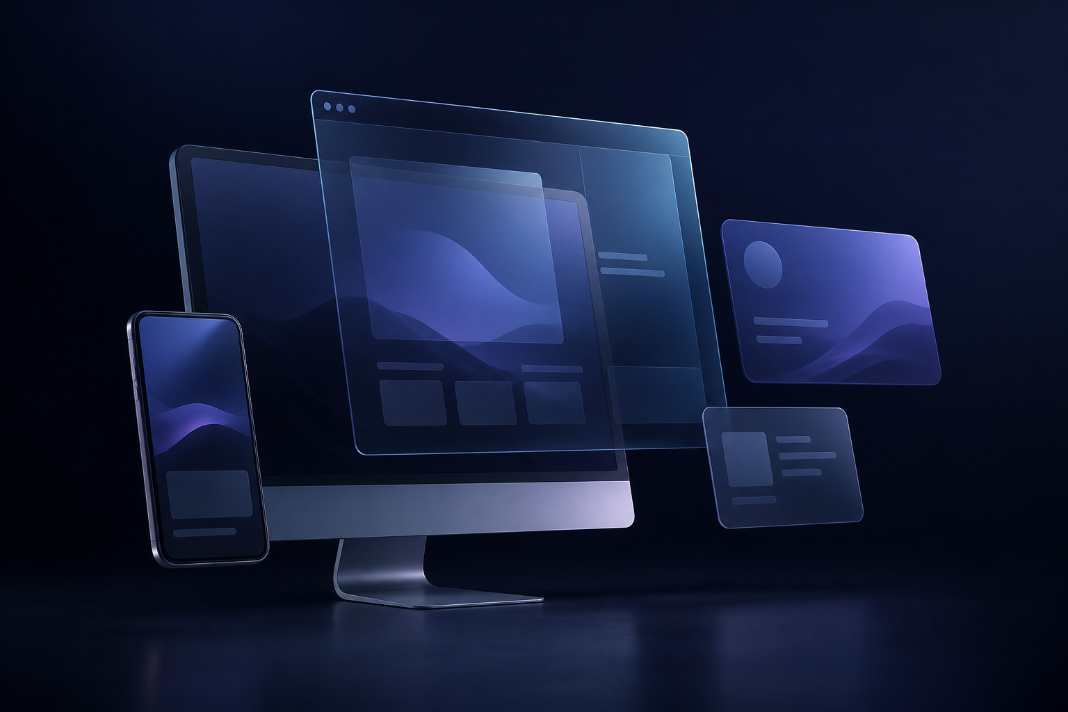 Abstrakte 3D-Darstellung aus Monitor, Smartphone und Web-Interface