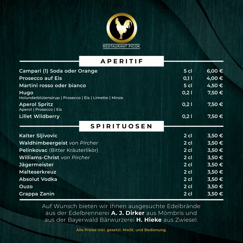 Getränkekarte für Restaurant Picok