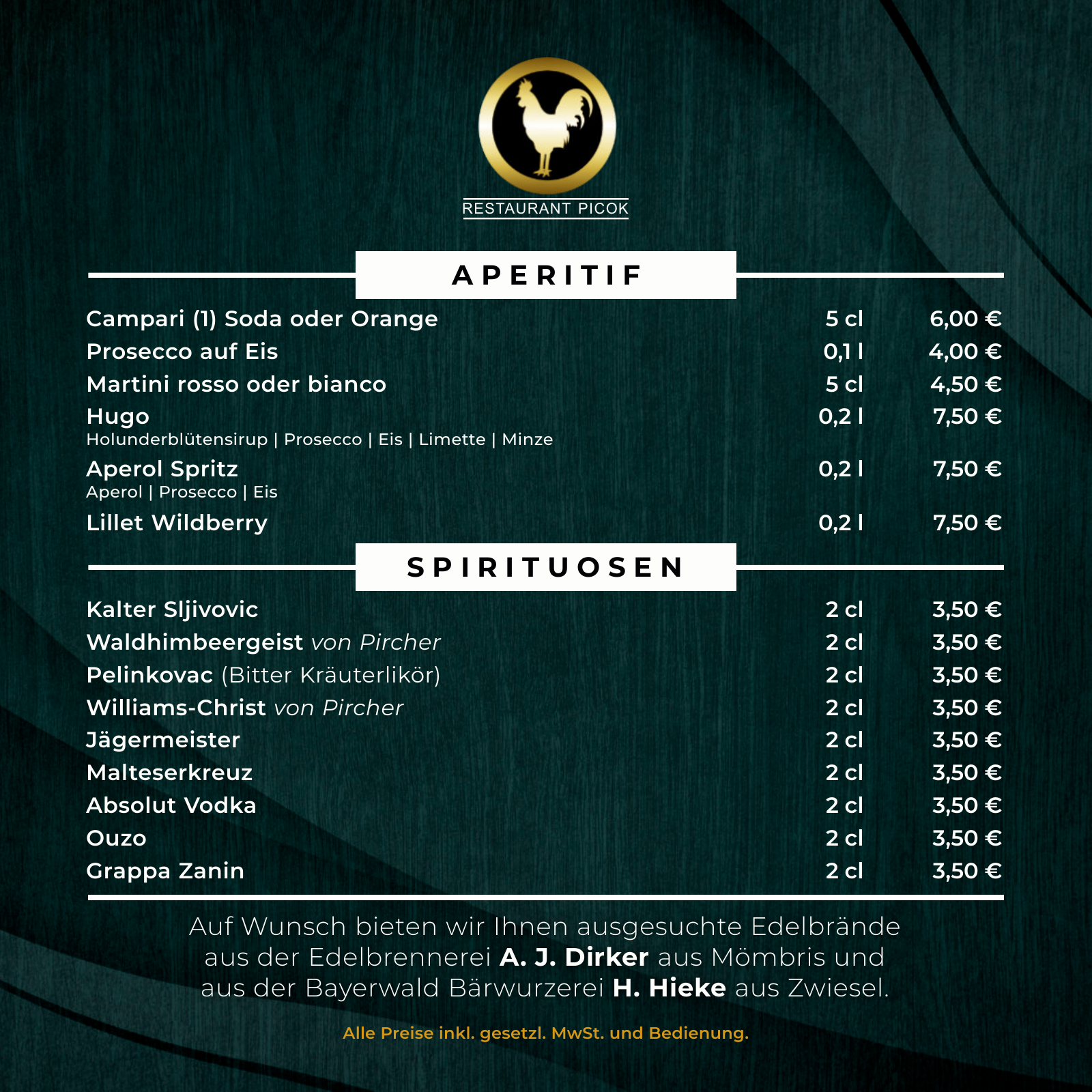 Getränkekarte für Restaurant Picok